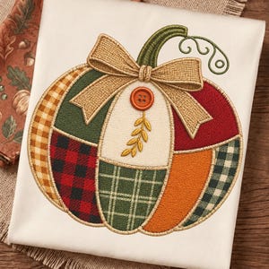 Patchwork Pumpkin Embroidery Design, Plaid Gingham Fall Pumpkin with Bow, Made to Order Machine Embroidery File
