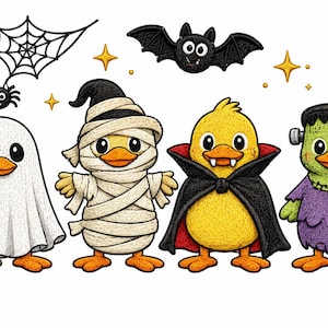 May include: A digital illustration featuring four cartoon ducks dressed in Halloween costumes: a ghost holding a jack-o'-lantern, a mummy, a vampire with a black cape, and a green monster. A black spider on a web and a bat are above.
