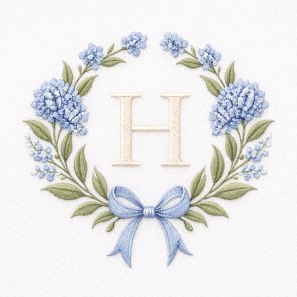 Floral Monogram H Embroidery Design, Blue Hydrangea Wreath with Bow, Elegant Initial Letter, Wedding Gift, Digital Embroidery File