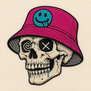 May include: An embroidered patch featuring a beige human skull wearing a bright pink bucket hat. The hat has a blue smiley face icon. The skull has a spiral eye, an X-shaped eye, and a small blue drip of liquid hanging from its teeth.