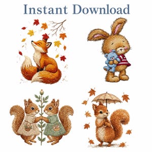 May include: A digital illustration featuring four charming autumn-themed images. A fox, a bunny holding a teddy bear, and two squirrels are depicted. The text "Instant Download" is at the top. The images are surrounded by falling leaves.