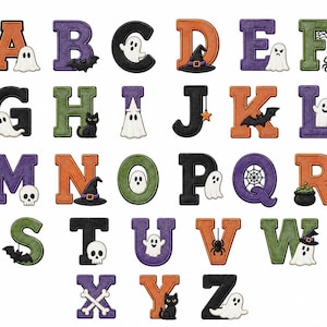 Peut inclure: Un ensemble complet de lettres brodées de A à Z en orange, violet, vert et noir. Chaque lettre présente une application sur le thème d'Halloween comme des fantômes, des chauves-souris, des araignées, des crânes, des chapeaux de sorcière et des chats.
