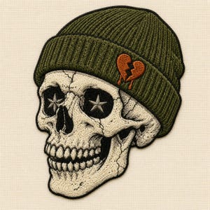 May include: An embroidered patch featuring a human skull wearing an olive green ribbed beanie. The skull has black eye sockets with white star shapes inside and a small orange broken heart icon stitched onto the front of the green beanie cap.
