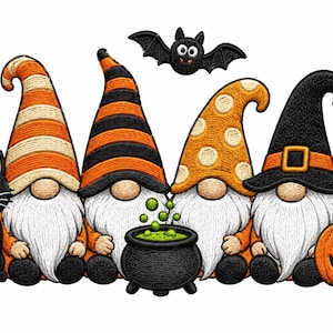 May include: An embroidered patch featuring four gnomes with white beards, a black cat, a jack-o'-lantern, and a bat. The gnomes wear hats in orange and white stripes, orange and black stripes, orange with white polka dots, and a black witch hat.
