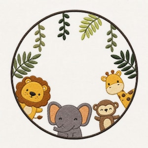 May include: Embroidered circular design featuring a lion, elephant, giraffe, and monkey. The animals are in a jungle theme, with green leaves and a brown border. The design is on a white background.