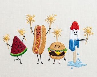 Funny Summer Food Embroidery Design Bundle, Watermelon Hotdog Burger Popsicle, Cute BBQ Embroidery File, Patriotic