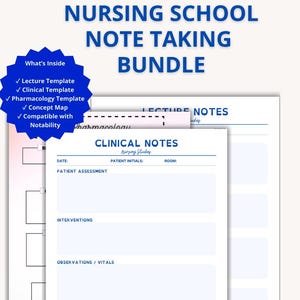 May include: A digital nursing school note taking bundle featuring templates for lecture, clinical, and pharmacology notes, plus a concept map. The documents include sections for patient assessment, interventions, vitals, and nursing diagnoses.