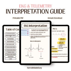 May include: An EKG and telemetry interpretation guide displayed on three digital tablets. The screens show medical text, heart rhythm diagrams, and a table of contents. The text includes EKG Interpretation, PVC's, and NurseinMadeEasy at the bottom.