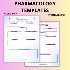 May include: Two white pharmacology templates with a gradient background. The templates include sections for brand name, generic, route, indications, mechanism of action, side effects, contraindications, and nursing interventions. Text on the image reads "NCLEX PREP" and "PRINTABLE PDF".