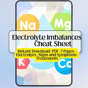 Puede incluir: Una pantalla de tableta digital que muestra una hoja de referencia sobre desequilibrios electrolíticos con los símbolos químicos Na, Mg, K y Ca en formas coloridas. El texto dice Electrolyte Imbalances Cheat Sheet y NurseInMadeEasy.