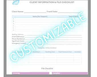 Travel Agent Client Information & File Checklist | Travel Agent Forms | Travel Agent Client Intake Form | Travel Agent Marketing Checklist