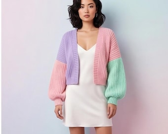 Soft Pastel Crochet Cardigan, Handcrafted Cozy Sweater, Trendy Colorblock Knit, Comfy Crochet Cardigan, Relaxed Fit Knitwear