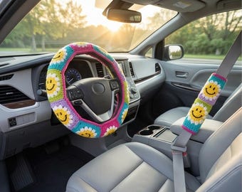 Crochet Flower Steering Wheel Cover, Cute Daisy Design Car Accessories, Handmade Crochet Steering Cover, Car Seat Belt Cover