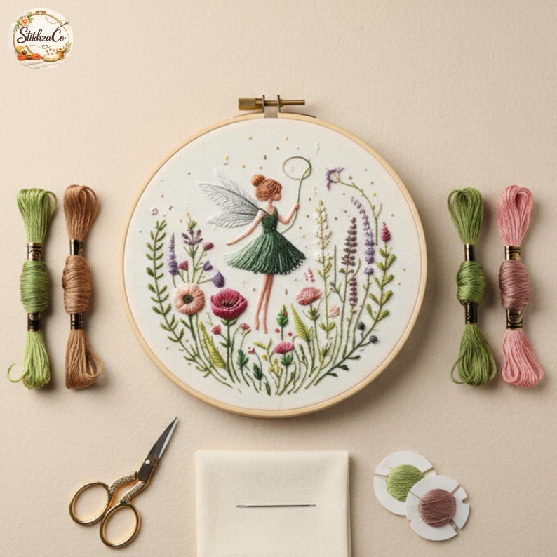K&ouml;nnte beinhalten: Stickset mit einem Feen-Design. Das Set enth&auml;lt einen Holzrahmen, Stickgarn in verschiedenen Farben, eine Schere, eine Nadel und Stoff. Die Fee tr&auml;gt ein gr&uuml;nes Kleid, umgeben von Blumen. Ideal f&uuml;r Bastelprojekte.