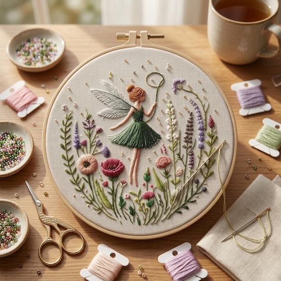 Fairy Embroidery Kit for Beginners | DIY Floral Fairy Needlework Kit |Floral Woodland Fairy Hoop Art |Hand Embroidery Cottagecore Craft Gift