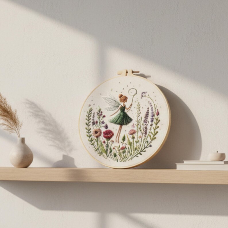 K&ouml;nnte beinhalten: Gestickte Feen-Hoop-Art mit einer Fee in einem gr&uuml;nen Kleid, die eine Blase bl&auml;st. Das Kunstwerk zeigt bunte Blumen und Bl&auml;tter vor einem cremefarbenen Hintergrund. Die Stickerei ist in einem nat&uuml;rlichen Holzreifen gerahmt und schafft ein charmantes, handgefertigtes St&uuml;ck.