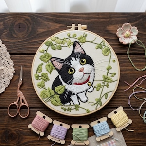 Cat Embroidery Kit for Beginners | Cute Cat DIY Needlework Kit | Pet Lover Gift Craft Kit | Floral Cat Hoop Art Hoop Art Needlework Set