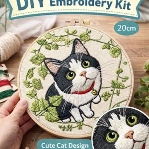 Kit de bordado de gatos para principiantes | Lindo kit de costura DIY de gatos | Kit de manualidades para amantes de las mascotas | Set de bordado de arte floral con aros y aros