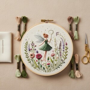K&ouml;nnte beinhalten: Ein Stickrahmen mit einem Feen-Design, umgeben von bunten Blumen und Gr&uuml;n. Die Fee tr&auml;gt ein gr&uuml;nes Kleid und h&auml;lt einen Seifenblasenstab. Stickgarn in verschiedenen Gr&uuml;n-, Rosa- und Braunt&ouml;nen sowie eine Schere und eine Nadel sind ebenfalls vorhanden.