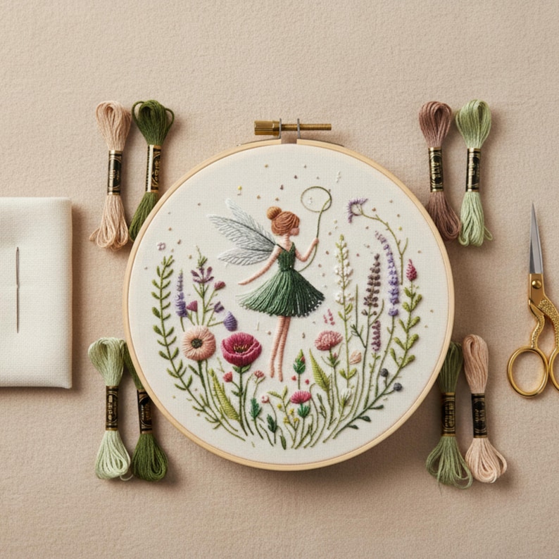 K&ouml;nnte beinhalten: Ein Stickrahmen mit einem Feen-Design, umgeben von bunten Blumen und Gr&uuml;n. Die Fee tr&auml;gt ein gr&uuml;nes Kleid und h&auml;lt einen Seifenblasenstab. Stickgarn in verschiedenen Gr&uuml;n-, Rosa- und Braunt&ouml;nen sowie eine Schere und eine Nadel sind ebenfalls vorhanden.