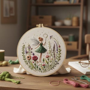 K&ouml;nnte beinhalten: Ein bestickter Stickrahmen mit einer Fee in einem gr&uuml;nen Kleid, umgeben von bunten Blumen und Bl&auml;ttern. Die Fee h&auml;lt einen Seifenblasenstab. Die Stickerei befindet sich in einem Holzrahmen, mit Garnrollen und Bastelbedarf auf dem Tisch.