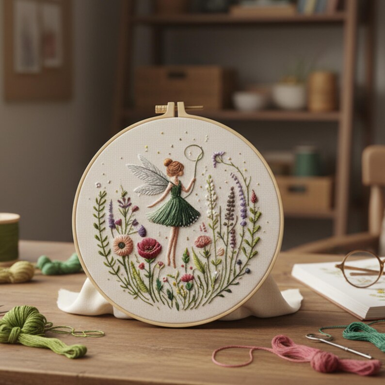 K&ouml;nnte beinhalten: Ein bestickter Stickrahmen mit einer Fee in einem gr&uuml;nen Kleid, umgeben von bunten Blumen und Bl&auml;ttern. Die Fee h&auml;lt einen Seifenblasenstab. Die Stickerei befindet sich in einem Holzrahmen, mit Garnrollen und Bastelbedarf auf dem Tisch.