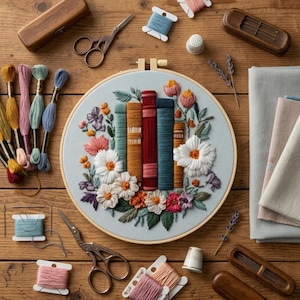 Book Stack Embroidery Kit for Beginners | Floral Books Needlework DIY Kit |Floral Bookshelf Hoop Art | DIY Craft Set for Beginners & Readers