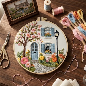 Floral Cottage Embroidery Kit for Beginners | Floral House DIY Embroidery Set | Printed Pattern and Yarn | Home Decor Craft &Needlework Gift