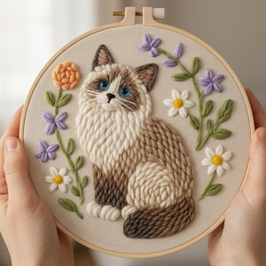 Kit per ricamo a punto croce con gatto per principianti | Kit fai da te per trapuntare tappeti | Kit per arte tessile con gatto carino | Regalo artistico con ricamo a punto croce e cerchio floreale