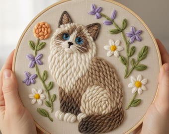 Cat Punch Needle Kit for Beginners | DIY Rug Tufting Kit | Cute Cat Fiber Art Kit | Floral Punch Needle Hoop Art Gift