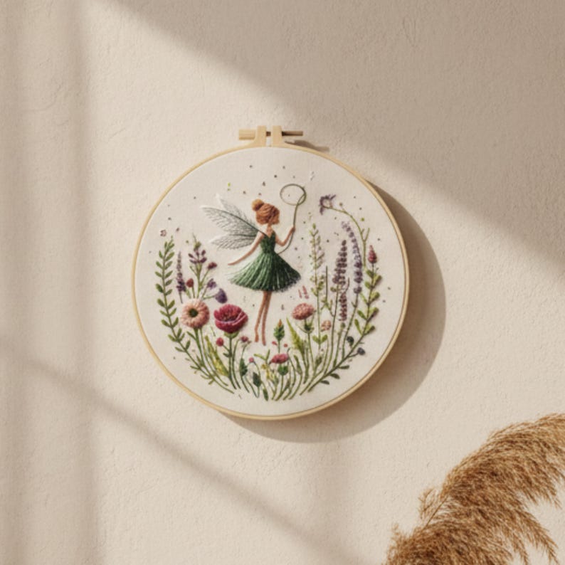 K&ouml;nnte beinhalten: Runder Stickrahmen mit einem Feen-Design. Die Fee in einem gr&uuml;nen Kleid bl&auml;st Seifenblasen inmitten gestickter Blumen. Das Kunstwerk ist in einem Holzrahmen gefasst. Die Farbgebung umfasst Gr&uuml;n, Rosa und Lila, was ein verspieltes, von der Natur inspiriertes St&uuml;ck ergibt.