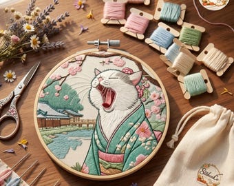 Cat Yawning Embroidery Kit for Beginners, Cat DIY Hoop Art, Beginner Hand Embroidery Kit, Craft Lover Gift, Floral Sewing Craft Kit 20 CM