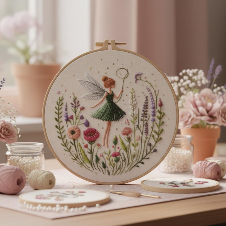K&ouml;nnte beinhalten: Ein runder Stickrahmen mit einer Fee in einem gr&uuml;nen Kleid, die einen Seifenblasenstab h&auml;lt, umgeben von gestickten Blumen. Das Design befindet sich auf cremefarbenem Stoff, der von einem Holzreifen umrahmt wird. Stickzubeh&ouml;r und Blumengestecke im Hintergrund.