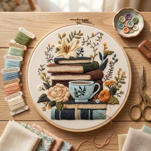 Book Lover Embroidery Kit for Beginners | Cozy Coffee Needlework DIY Kit |Floral Bookshelf Hoop Art |  Books & Tea Pattern , Hand Embroidery