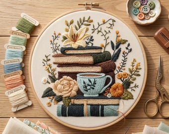 Book Lover Embroidery Kit for Beginners | Cozy Coffee Needlework DIY Kit |Floral Bookshelf Hoop Art |  Books & Tea Pattern , Hand Embroidery