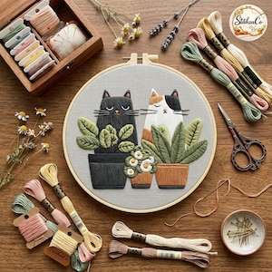 Cat Embroidery Kit Beginner DIY Embroidery Kit Cute Cat Needlepoint Kit Plant Embroidery Hoop Art Craft Kit Gift for Women Adults