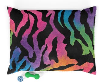 Cama para mascotas con estampado de cebra arcoíris