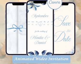 Animierte Hochzeitseinladung Video | Staubig Blau Floral | Save the Date | Bearbeitbare Canva Vorlage mit Musik