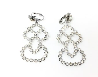 Vintage rhinestone dangle earrings clip on large size