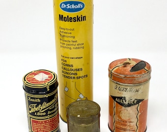 4 vintage metal tins cylinder shape brass Dr Scholls spice