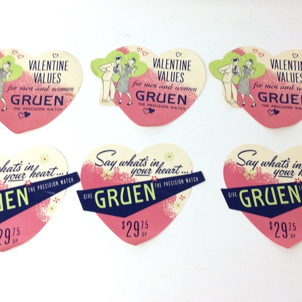 6 vintage Gruen Watch paper advertising Valentines gift heart shaped