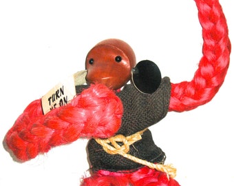 Vintage modern 60's era toy teak wood and pink rope monkey Turn Me On Baby Enesco Japan MCM