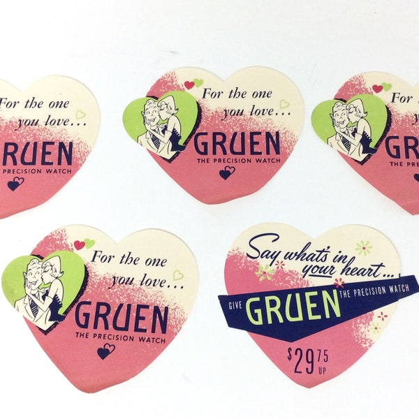 5 vintage Gruen Watch paper advertising Valentines gift heart shaped