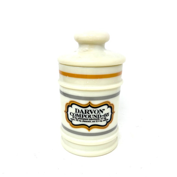 Vintage milk glass Darwin Compound pharmacy jar with lid promotional drug company