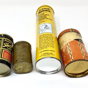 4 vintage metal tins cylinder shape brass Dr Scholls spice image 3