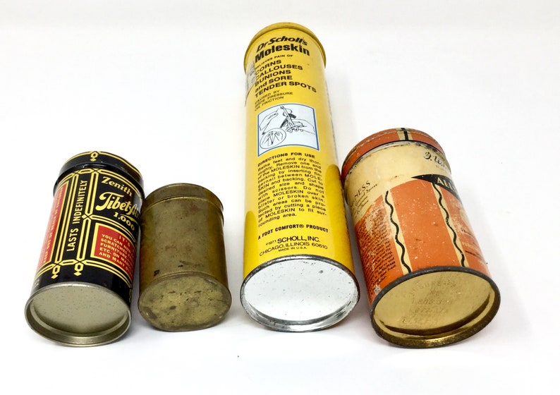 4 vintage metal tins cylinder shape brass Dr Scholls spice image 3