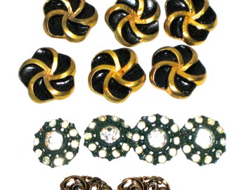 Vintage lot of black and gold buttons plastic metal glass rhinestones buckle