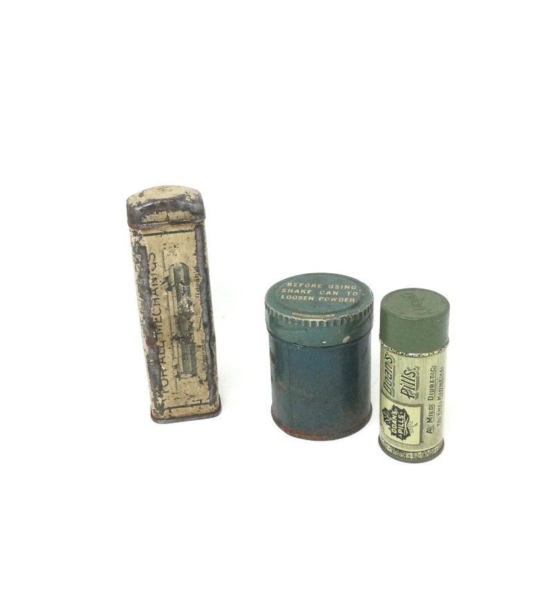 3 small vintage tins green metal Doans Pills as is