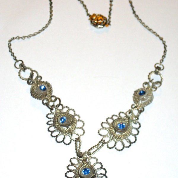 Vintage victorian cannetille silver wire necklace blue glass stones deco era jewelry