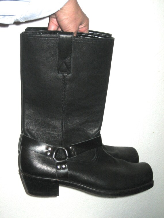 Black Leather Motorcycle Boots Custom Made Square Toe Buckle Harness Men's 9 Women's 11